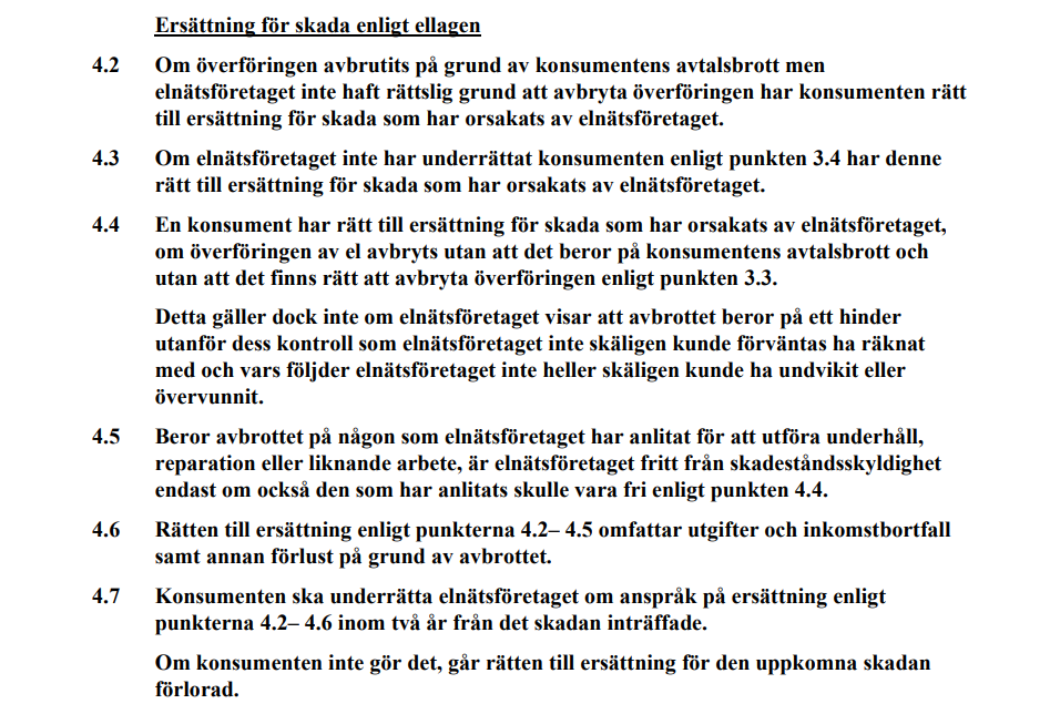 Utdrag ur allmänna avtalsvillkor NÄT 2025 Konsument, 4 kap.
